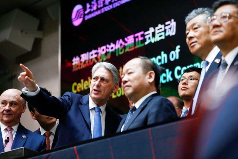 © Reuters. Il Cancelliere dello Scacchiere britannico Philip Hammond e il vice premier cinese Hu Chunhua all'apertura dei mercati alla London Stock Exchange a Londra, Gran Bretagna.