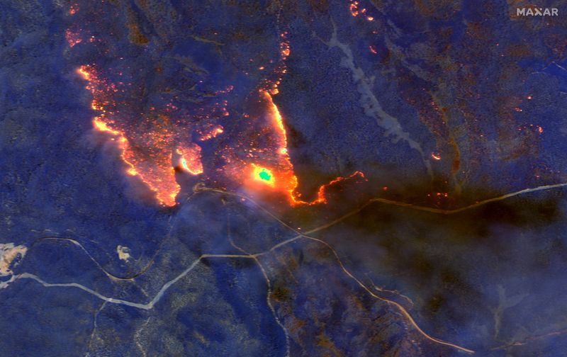 © Reuters. A satellite image shows wildfires burning east of Obrost, Victoria