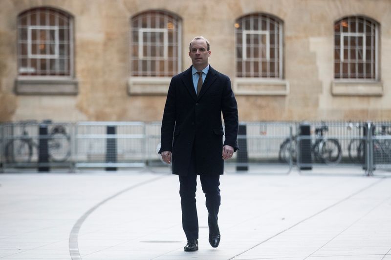 © Reuters. Britain's Foreign Secretary Dominic Raab arrives at the BBC headquarters ahead of his appearance on the Andrew Marr show in London