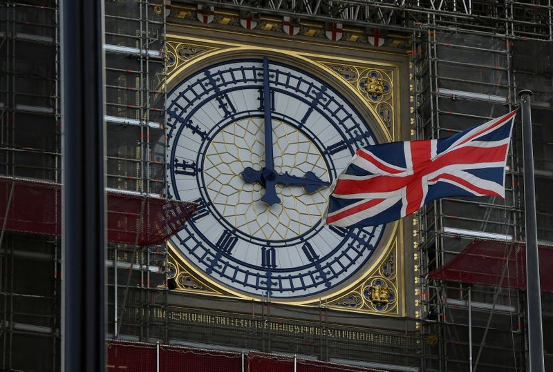 © Reuters. FILE PHOTO: British Union Jack flag flies in front of the clock face of Big Ben in London