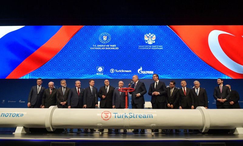 © Reuters. Turkish President Erdogan and Russian President Putin attend a ceremony marking the formal launch of the TurkStream pipeline in Istanbul