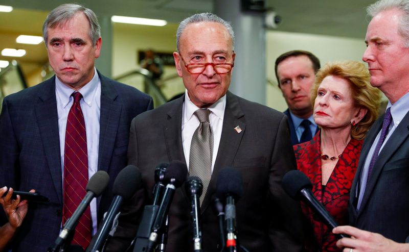 © Reuters. U.S. Senate Majority Leader Schumer speaks after national security briefing on Iran on Capitol Hill in Washington