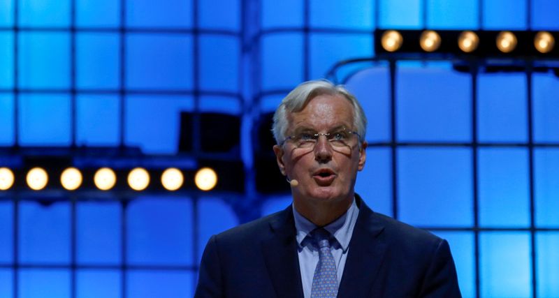 © Reuters. The European Commission Brexit chief negotiator Michel Barnier speaks during the Web Summit in Lisbon