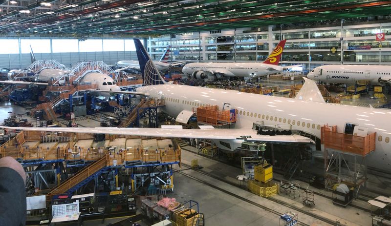 © Reuters. Boeing 787 Dreamliners are shown in final production at widebody factory in North Charleston