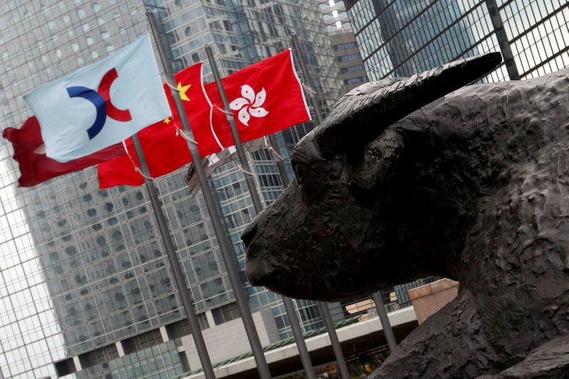 © Reuters. FILE PHOTO: A flag bearing the logo of the Hong Kong Exchanges and Clearing Limited flies in Hong Kong