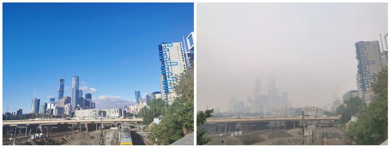 © Reuters. Social media combination of two pictures show clear skies in Melbourne city on January 9 and smoky skies on January 14