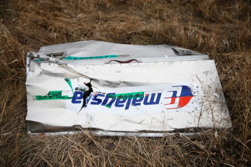 © Reuters. FILE PHOTO: A part of the wreckage of the downed Malaysia Airlines Flight MH17 is seen at its crash site near the village of Hrabove