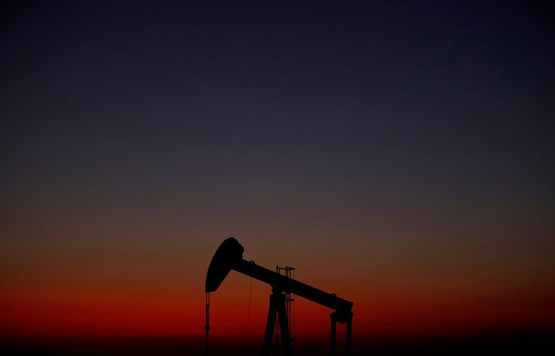 © Reuters. An oil pump is seen just after sunset outside Saint-Fiacre