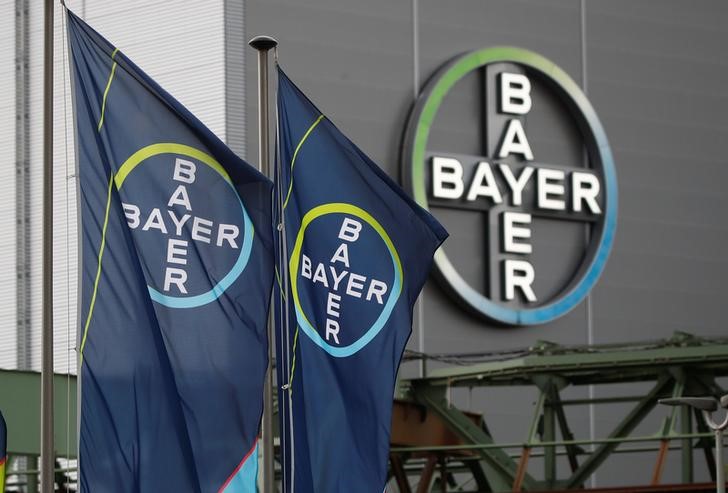 © Reuters. Logo and flags of Bayer AG are pictured outside a plant of the German pharmaceutical and chemical maker in Wuppertal