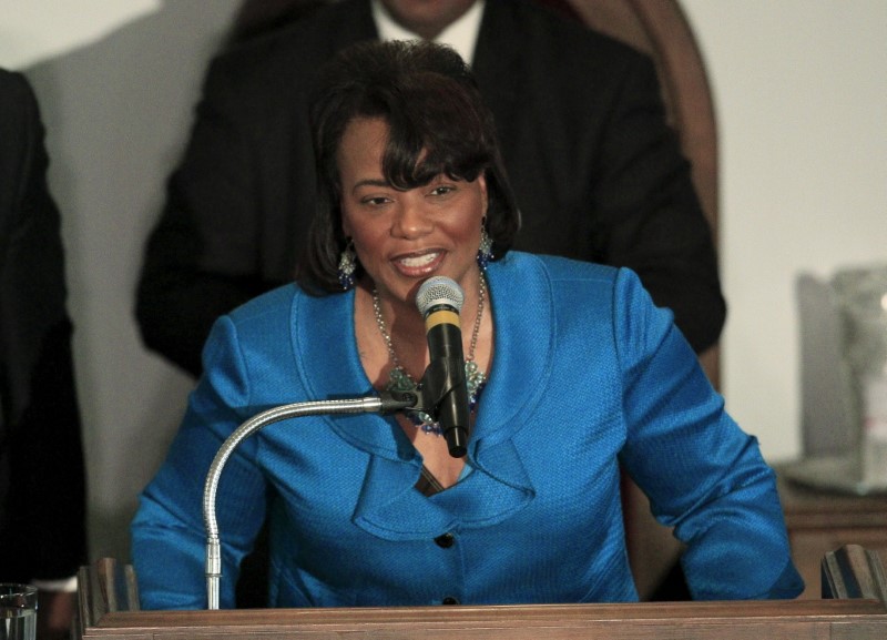 © Reuters. The Reverend Bernice King daughter of Martin Luther King Jr speaks at the National Bar Association's 60th Anniversary of the Montgomery Bus Boycott in Montgomery