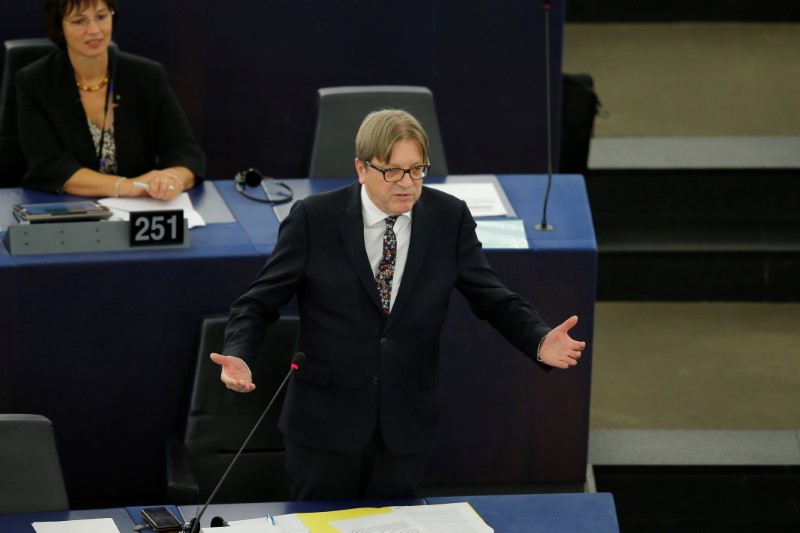 © Reuters. Guy Verhofstadt, the EU Parliament's Brexit steering group coordinator, speaks during a debate on Brexit at the European Parliament in Strasbourg