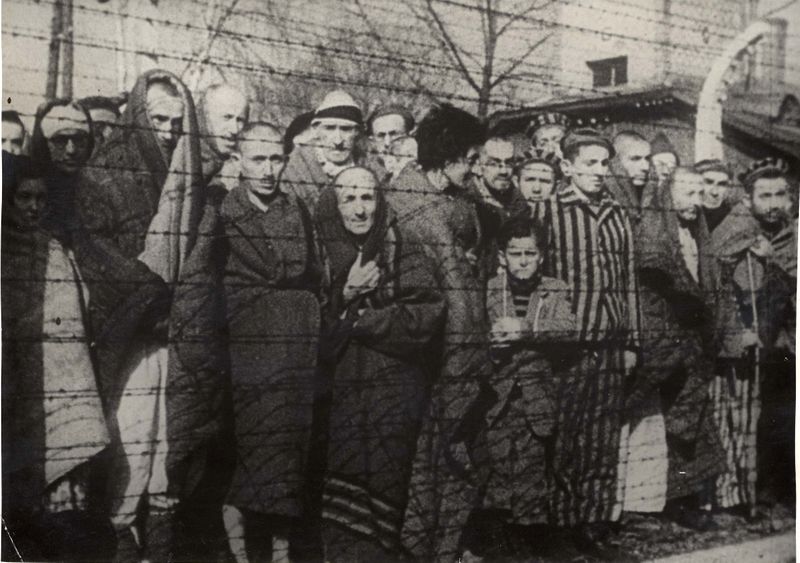 © Reuters. Holocaust survivors stand behind a barbed wire fence after the liberation of Nazi German death camp Auschwitz-Birkenau in 1945 in Nazi-occupied Poland, in this handout picture