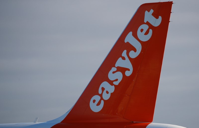 © Reuters. The company logo is seen on the tail of an Easyjet plane at Manchester Airport in Manchester