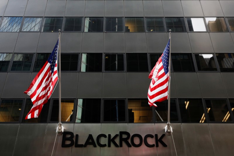 © Reuters. The BlackRock logo is seen outside of its offices in New York