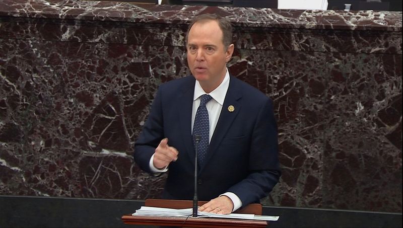 © Reuters. House Intelligence Committee Chairman Schiff delivers opening argument during impeachment trial of President Trump at the U.S. Capitol in Washington