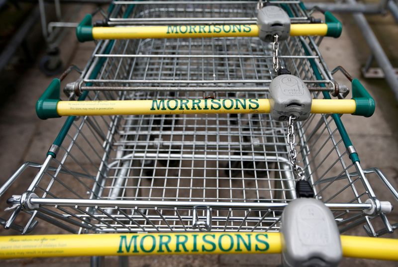© Reuters. FILE PHOTO: Shopping trolleys at a Morrisons supermarket in south London