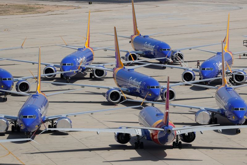 © Reuters. A number of grounded Southwest Airlines Boeing 737 MAX 8 aircraft are shown parked at Victorville Airport in Victorville, California