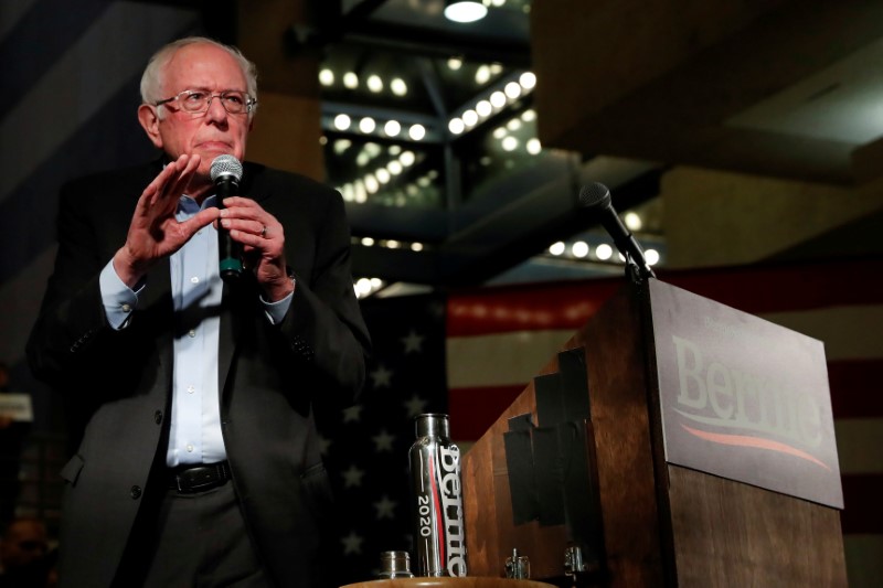 © Reuters. FILE PHOTO: Democratic 2020 U.S. presidential candidate and U.S. Senator Bernie Sanders (I-VT) speaks during a campaign event in Des Moines, Iowa