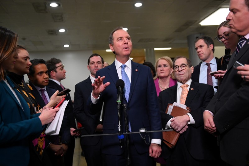 © Reuters. House managers Schiff and Nadler face reporters on fourth day of Trump impeachment trial on Capitol Hill in Washington