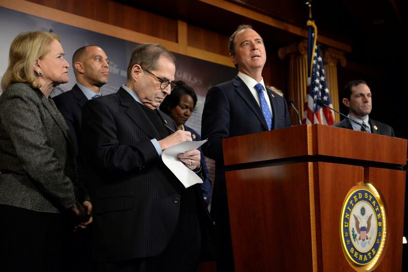 © Reuters. Rep. Schiff speaks after the Trump impeachment trial ended for the day in Washington.