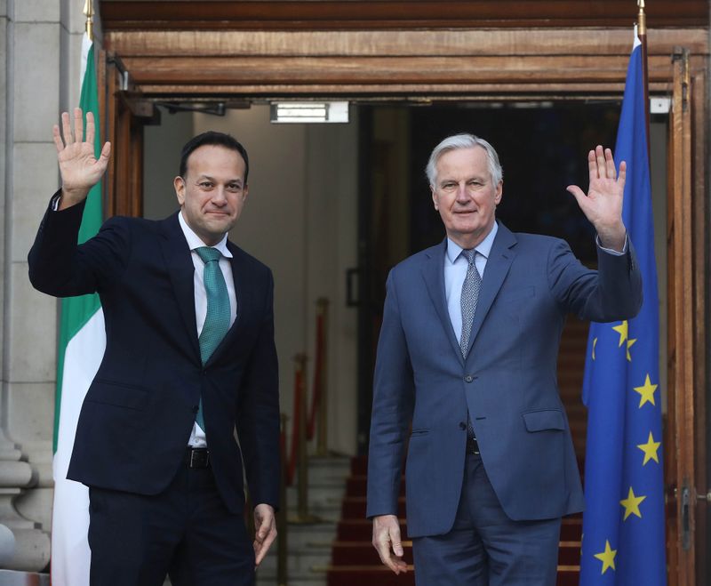 © Reuters. Taoiseach (Prime Minister) Leo Varadkar greets Michel Barnier at Government Buildings in Dublin