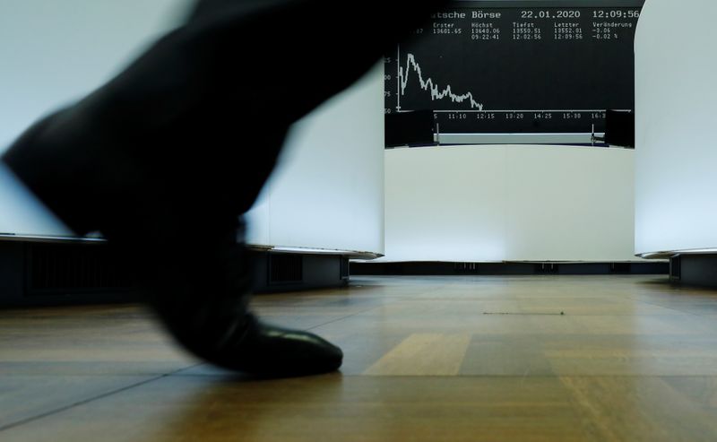 © Reuters. FILE PHOTO:  A trader walks past the German share price index DAX graph at Frankfurt's stock exchange in Frankfurt