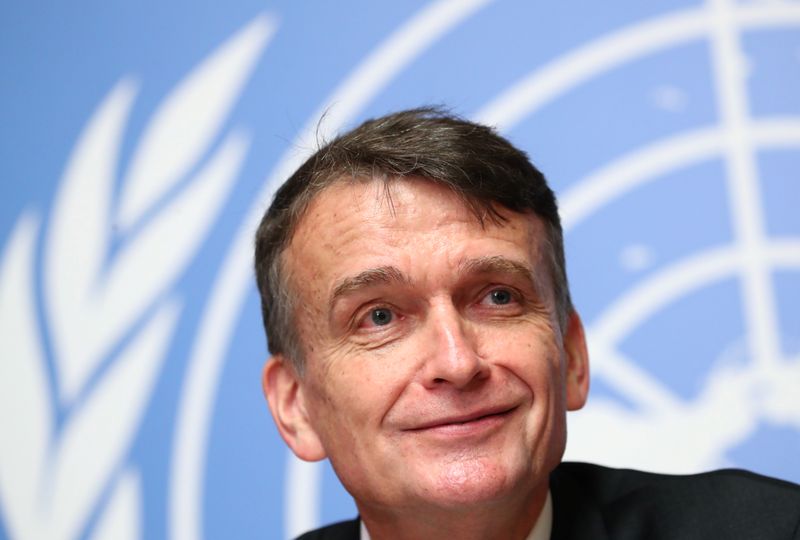 © Reuters. Saunders acting Commissioner-General of the UNRWA attends a news conference in Geneva