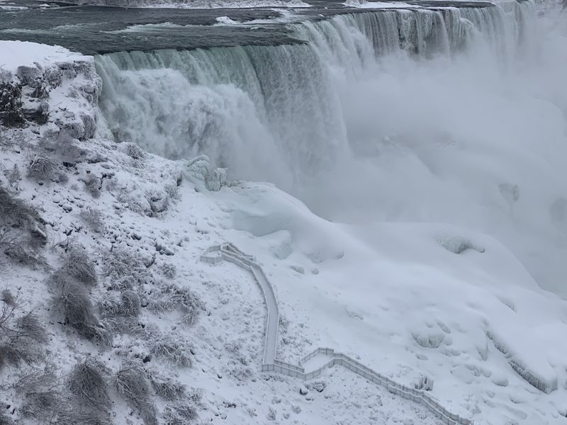 © Reuters. FILE PHOTO: An aerial photo taken over the American side shows water flowing around ice due to subzero temperatures in Niagara Falls