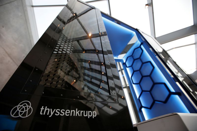 © Reuters. Model of elevator called MULTI is pictured inside Thyssenkrupp's elevator test tower in Rottweil