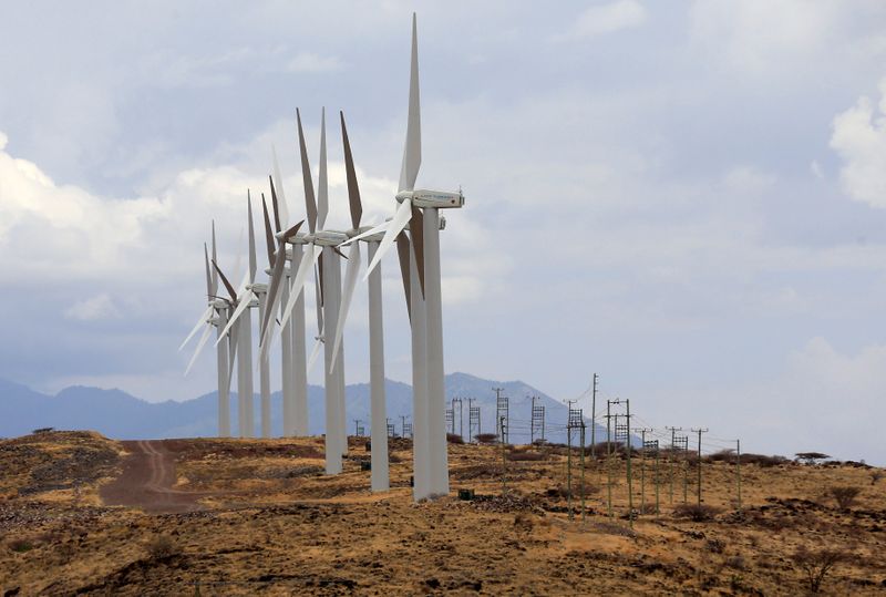 © Reuters. FILE PHOTO: Power-generating wind turbines are seen at the Lake Turkana Wind Power project in Loiyangalani district, Marsabit County