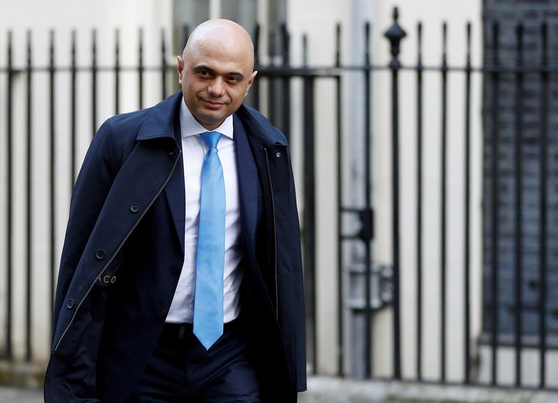 © Reuters. FILE PHOTO: Britain's Chancellor of the Exchequer Sajid Javid  is seen outside Downing Street in London