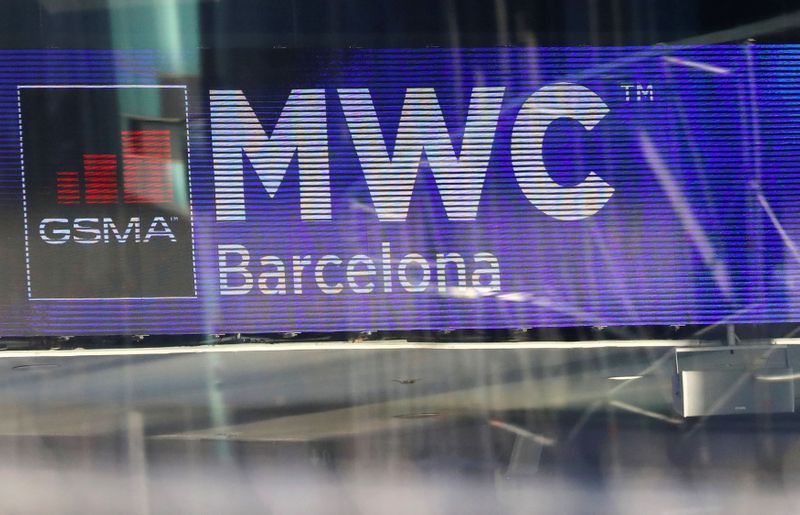 © Reuters. Logo of MWC20 (Mobile World Congress) is pictured in Barcelona