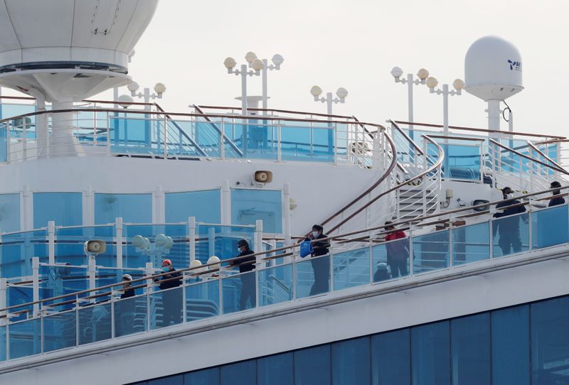 © Reuters. Passengers look out from a deck of the cruise ship Diamond Princess at Daikoku Pier Cruise Terminal in Yokohama, south of Tokyo, Japan