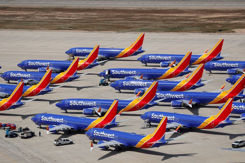 © Reuters. FILE PHOTO: FILE PHOTO: A number of grounded Southwest Airlines Boeing 737 MAX 8 aircraft are shown parked at Victorville Airport in Victorville, California