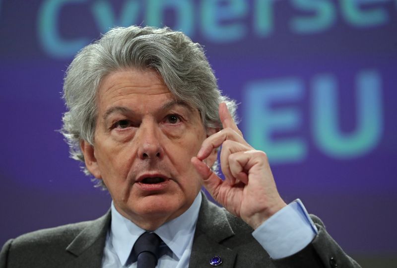 © Reuters. European Commissioner for the Internal Market Breton gestures as he communicates on the EU's 5G plan in Brussels