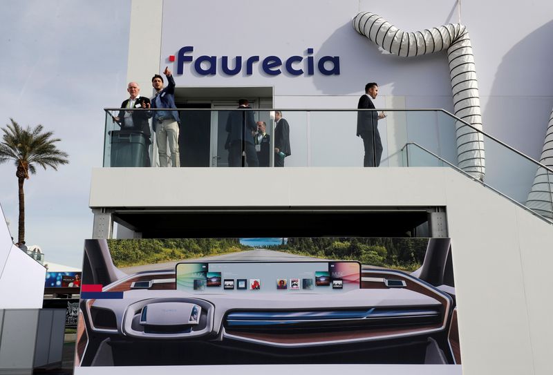 © Reuters. FILE PHOTO:  An illustration shows a car dashboard with a giant screen on the side of the Faurecia booth during the 2019 CES in Las Vegas