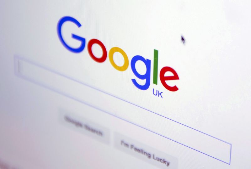 © Reuters. FILE PHOTO: The Google internet homepage is displayed on a product at a store in London