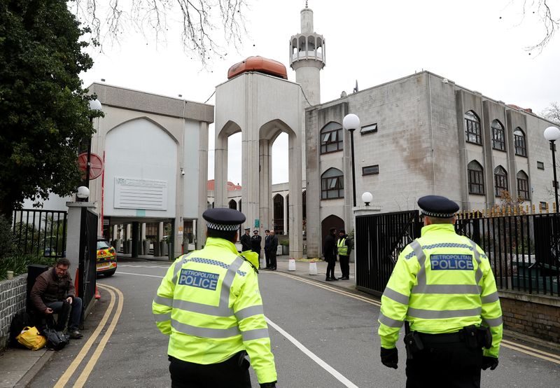 © Reuters. Police officers are seen outside the London Central Mosque in London