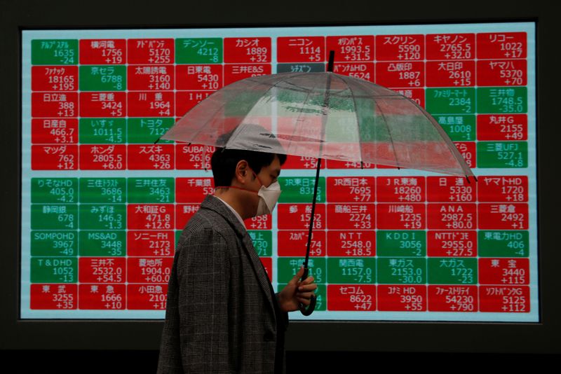 © Reuters. A visitor wearing protective face mask, following an outbreak of the coronavirus, walks past in front of a stock quotation board outside a brokerage in Tokyo