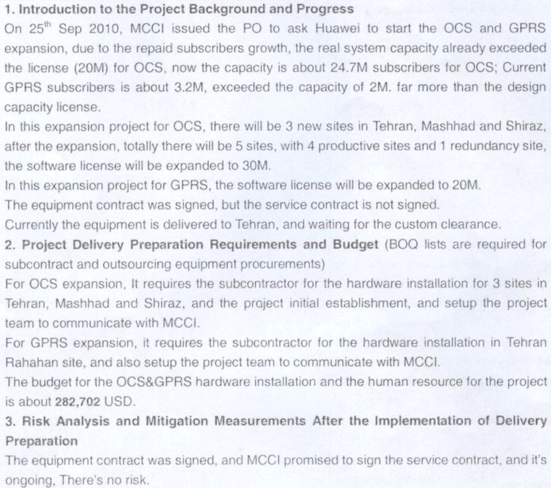 © Reuters. An excerpt from a copy of a Huawei document provided to Reuters stating that equipment for the telecom expansion project in Iran had been delivered to Tehran