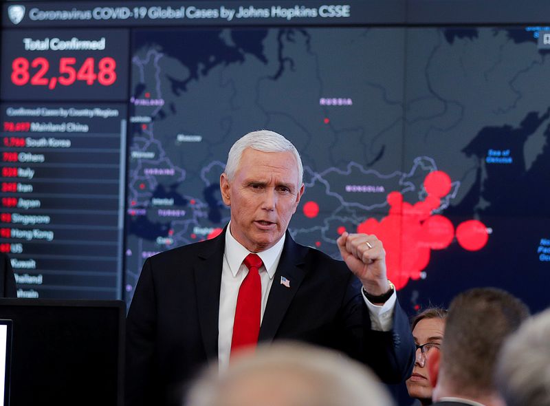 © Reuters. FILE PHOTO: U.S. Vice President Mike Pence participates in coronavirus task force meeting at the HHS Department in Washington