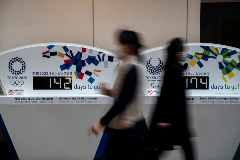 © Reuters. FILE PHOTO: Women wearing protective face masks, following an outbreak of the coronavirus, walk past countdown clocks for the opening ceremony of the Tokyo 2020 Olympic and The Tokyo Paralympic 2020 at a building in Tokyo