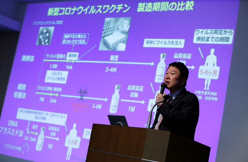© Reuters. Ryuichi Morishita, Osaka University Professor of  Department of Clinical Gene Therapy Osaka University Medical School, attends a joint news conference with Anges Inc. and Takara Bio Inc. on the coronavirus vaccine in Tokyo