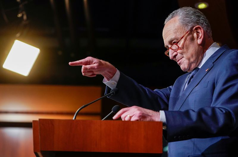 © Reuters. FILE PHOTO: Senate Minority Leader Schumer speaks following acquittal in Trump impeachment trial on Capitol Hill in Washington