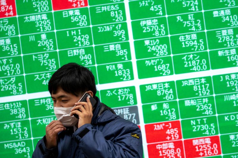 © Reuters. A man wearing a protective face mask talks on his mobile phone in front of a screen showing the Nikkei index in Tokyo