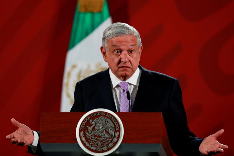 © Reuters. FILE PHOTO: Mexico's President Andres Manuel Lopez Obrador speaks during a news conference at the National Palace in Mexico City