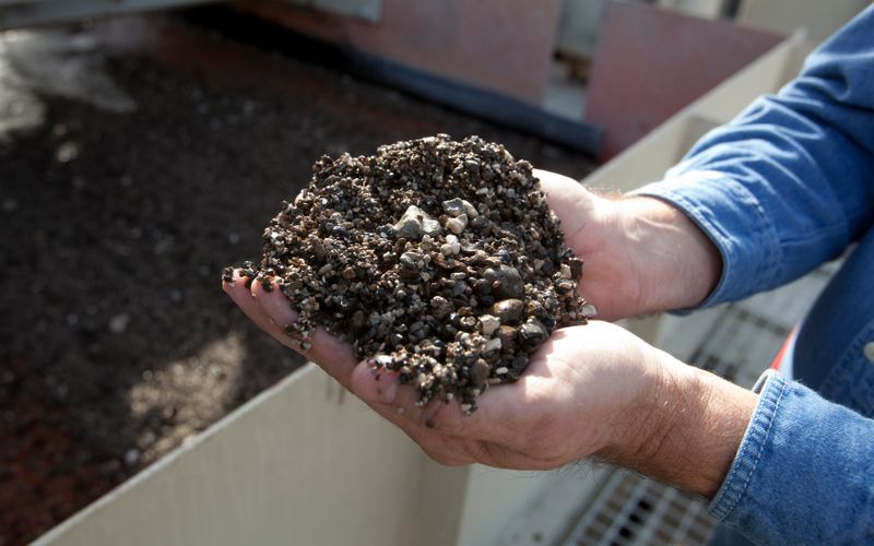 © Reuters. Funcionário da Mosaic mostra pepitas de fosfato em instalação da empresa em Fort Meade, Flórida (EUA)