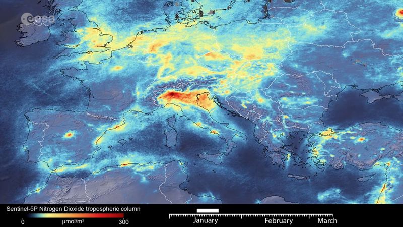 © Reuters. An animation image shows the nitrogen dioxide emissions across Europe in January 2020