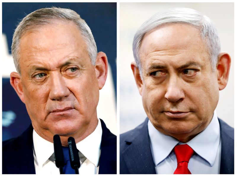 © Reuters. FILE PHOTO: A combination picture shows Gantz, leader of Blue and White party in Tel Aviv and Israeli Prime Minister Netanyahu in Kiryat Malachi
