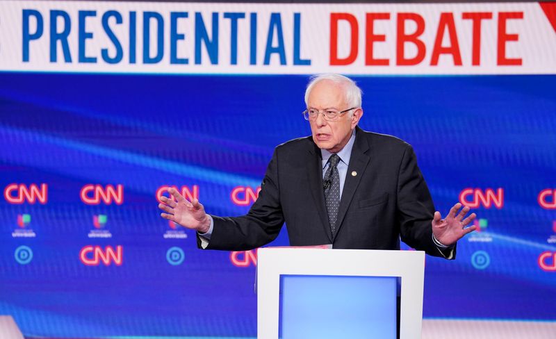 © Reuters. Democratic U.S. presidential candidate Senator Bernie Sanders speaks at the 11th Democratic candidates debate of the 2020 U.S. presidential campaign in Washington
